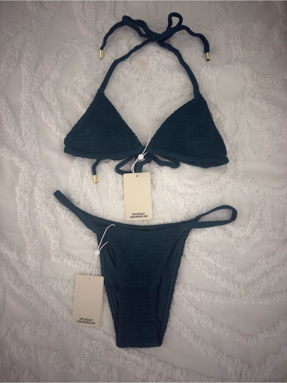 Monday Swimwear Textured Triangle Bikini Set - Teal